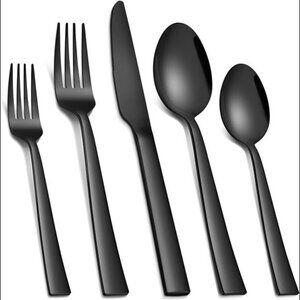 30-Piece Black Silverware Flatware Set, Stainless Steel Square Cutlery Set for 6
